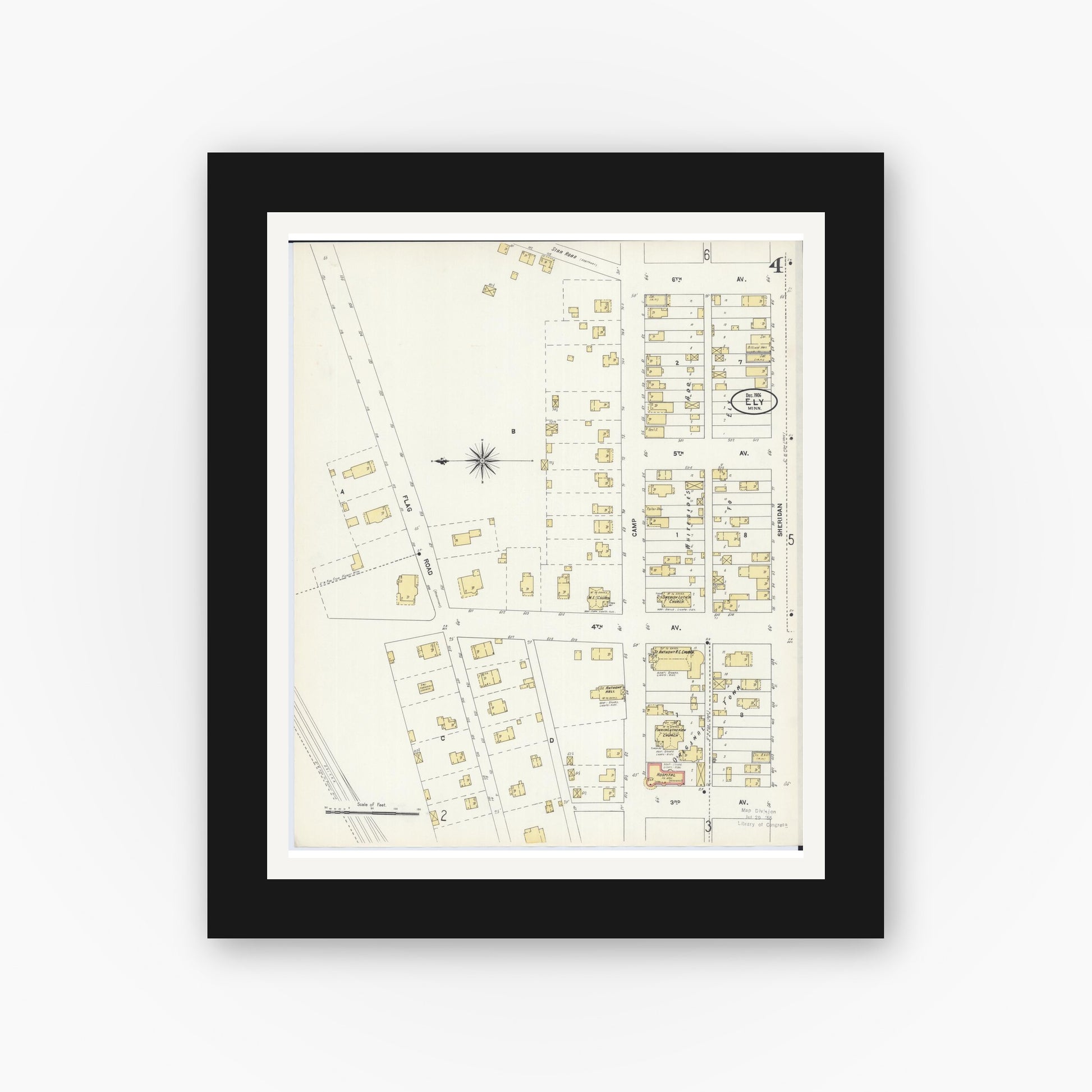 Old map wall art mockup — black gallery frame with white mat — Sanborn Fire Insurance Map from Ely, Saint Louis County, Minnesota (1906), Sheet #0004