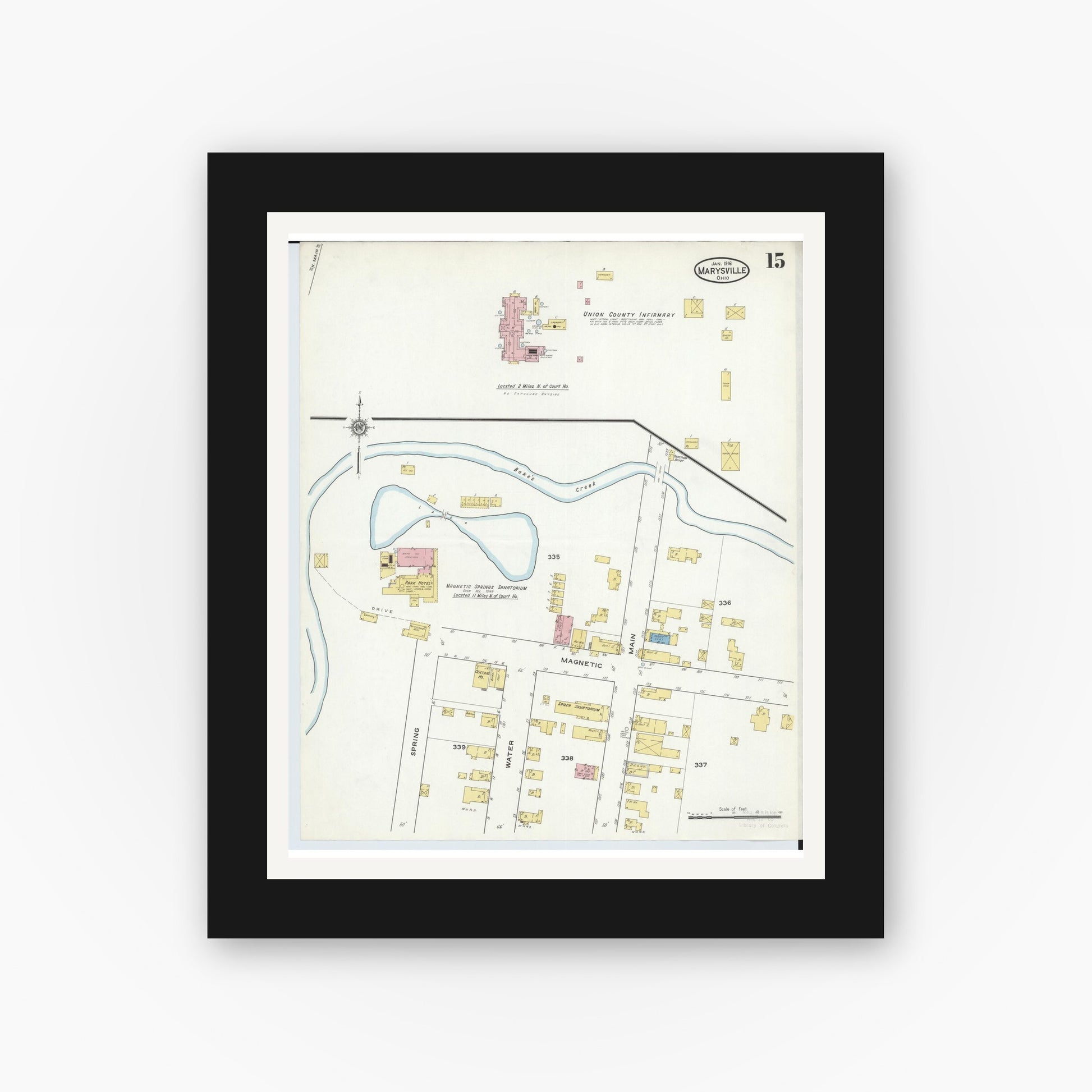 Old map wall art mockup — black gallery frame with white mat — Sanborn Fire Insurance Map from Marysville, Union County, Ohio (1916), Sheet #0015