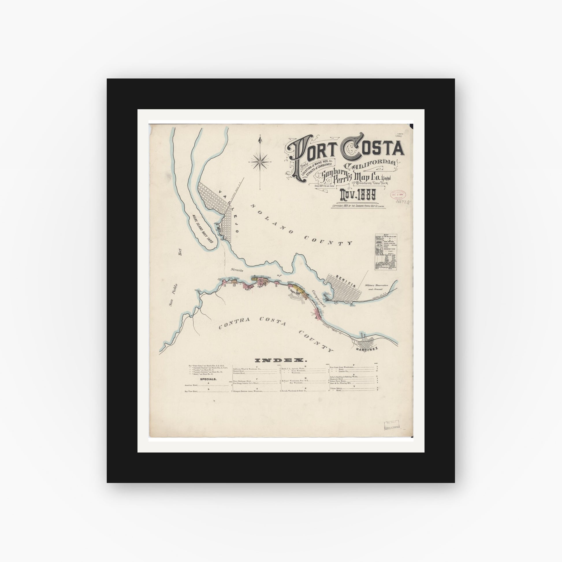 Old map wall art mockup — black gallery frame with white mat — Sanborn Fire Insurance Map from Port Costa, Contra Costa County, California (1889) - Complete Map Set