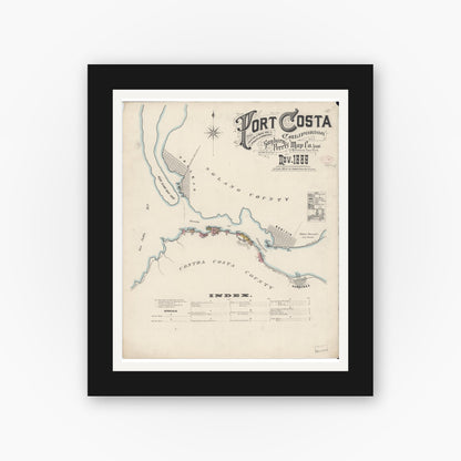 Old map wall art mockup — black gallery frame with white mat — Sanborn Fire Insurance Map from Port Costa, Contra Costa County, California (1889) - Complete Map Set