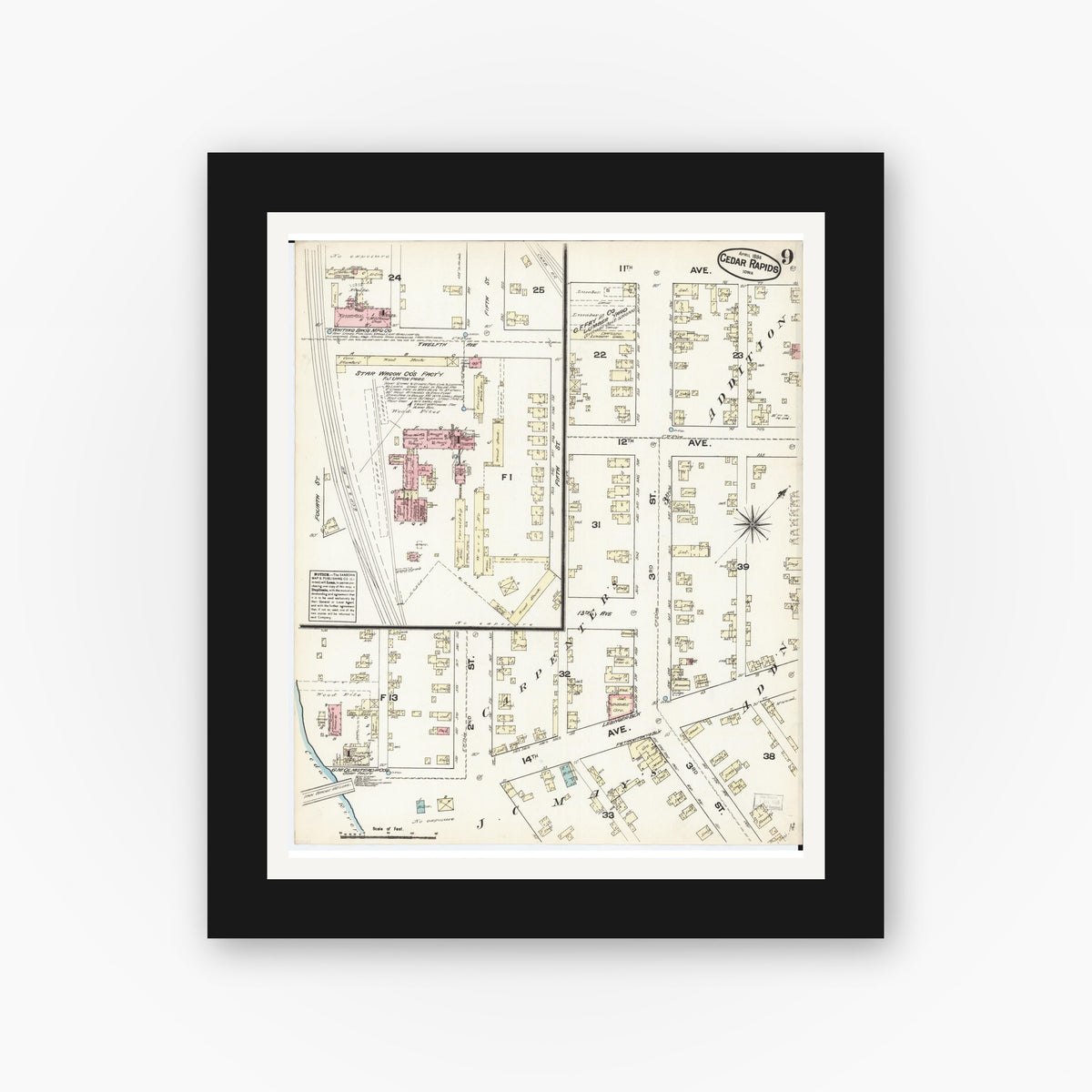 Old map wall art mockup — black gallery frame with white mat — Sanborn Fire Insurance Map from Cedar Rapids, Linn County, Iowa (1884), Sheet #0009