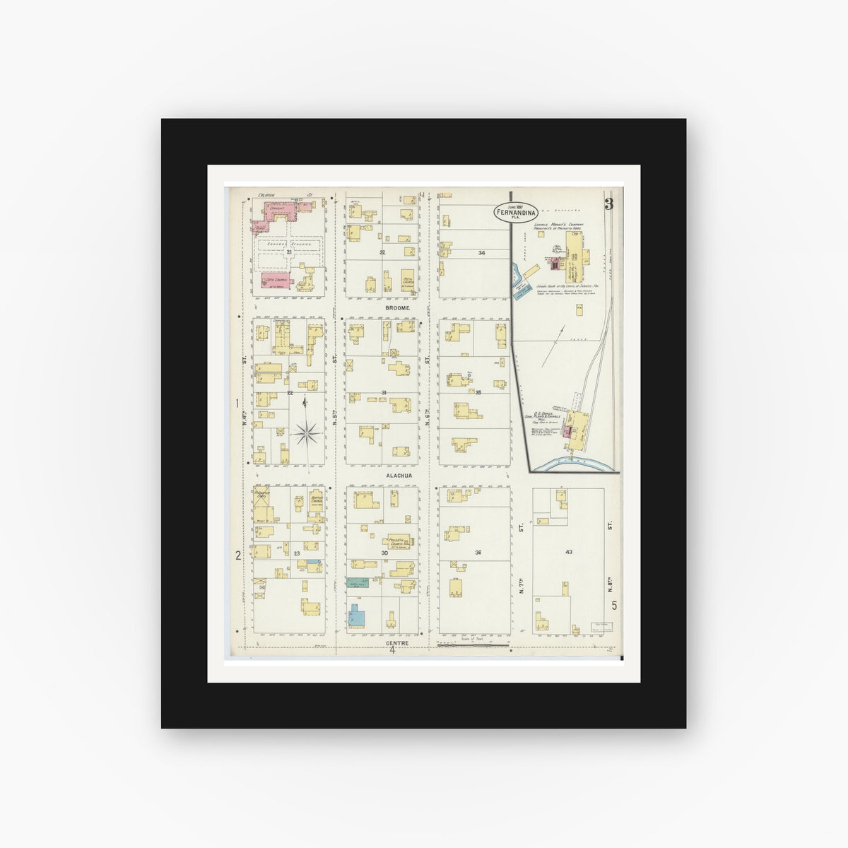 Old map wall art mockup — black gallery frame with white mat — Sanborn Fire Insurance Map from Fernandina, Nassau County, Florida (1897), Sheet #0003