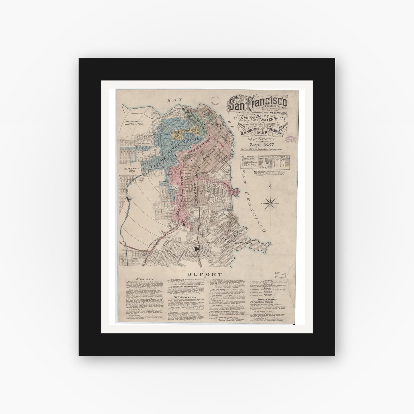 Old map wall art mockup — black gallery frame with white mat — Sanborn Fire Insurance Map from San Francisco, San Francisco County, California (1887) - Complete Map Set