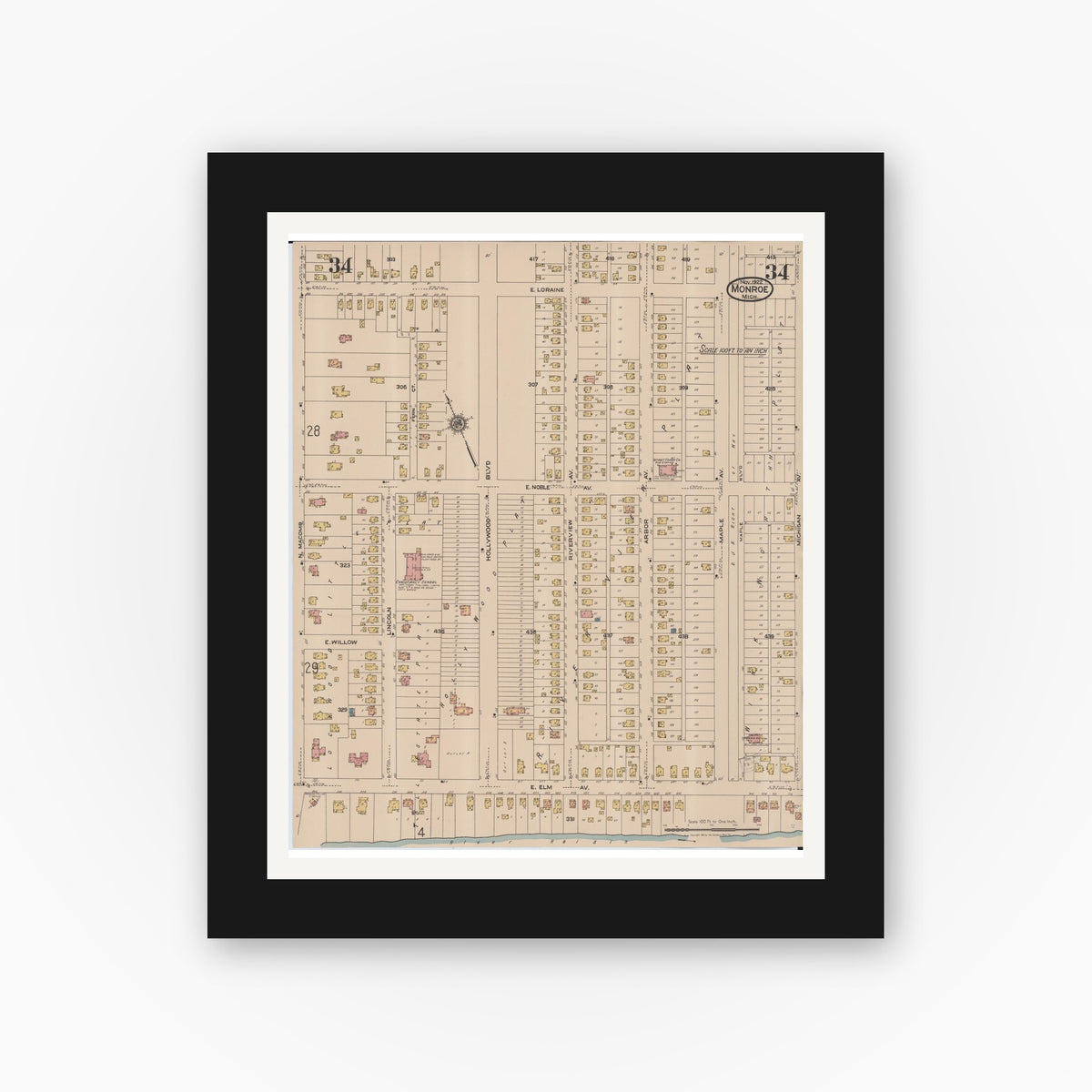 Old map wall art mockup — black gallery frame with white mat — Sanborn Fire Insurance Map from Monroe, Monroe County, Michigan (1922), Sheet #0034