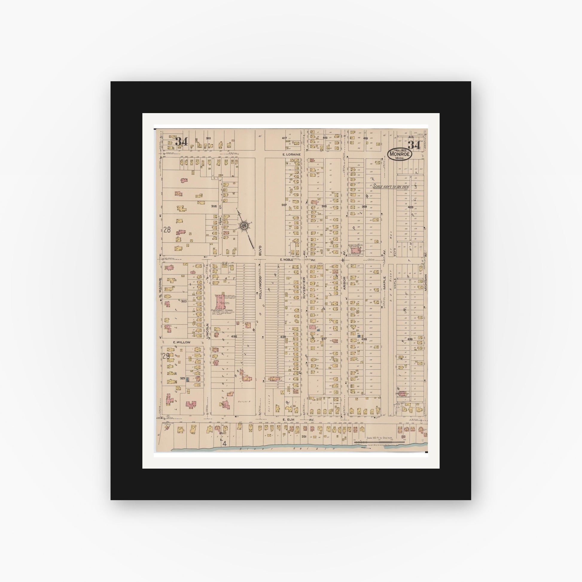 Old map wall art mockup — black gallery frame with white mat — Sanborn Fire Insurance Map from Monroe, Monroe County, Michigan (1922), Sheet #0034