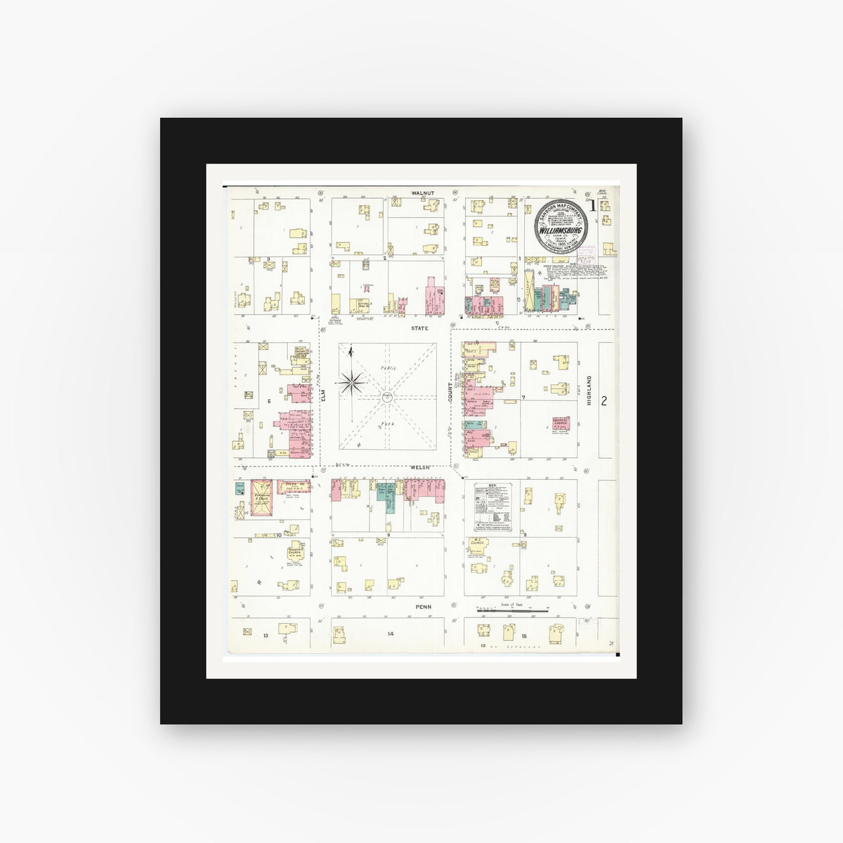 Old map wall art mockup — black gallery frame with white mat — Sanborn Fire Insurance Map from Williamsburg, Iowa County, Iowa (1906), Sheet #0001