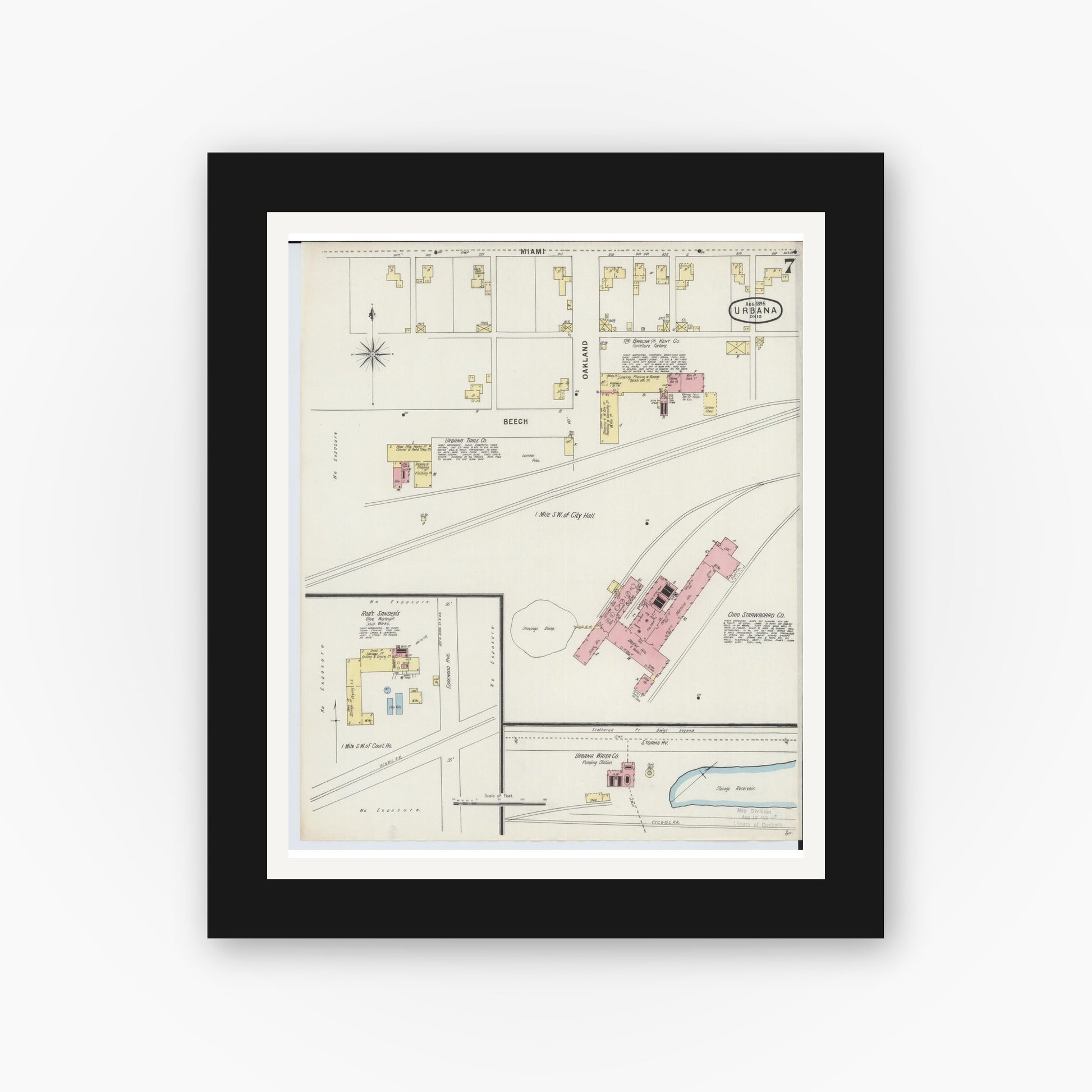 Old map wall art mockup — black gallery frame with white mat — Sanborn Fire Insurance Map from Urbana, Champaign County, Ohio (1895), Sheet #0007