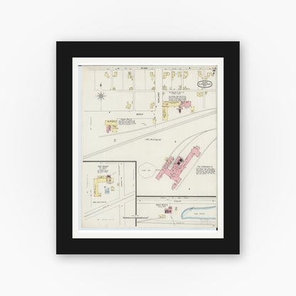 Old map wall art mockup — black gallery frame with white mat — Sanborn Fire Insurance Map from Urbana, Champaign County, Ohio (1895), Sheet #0007