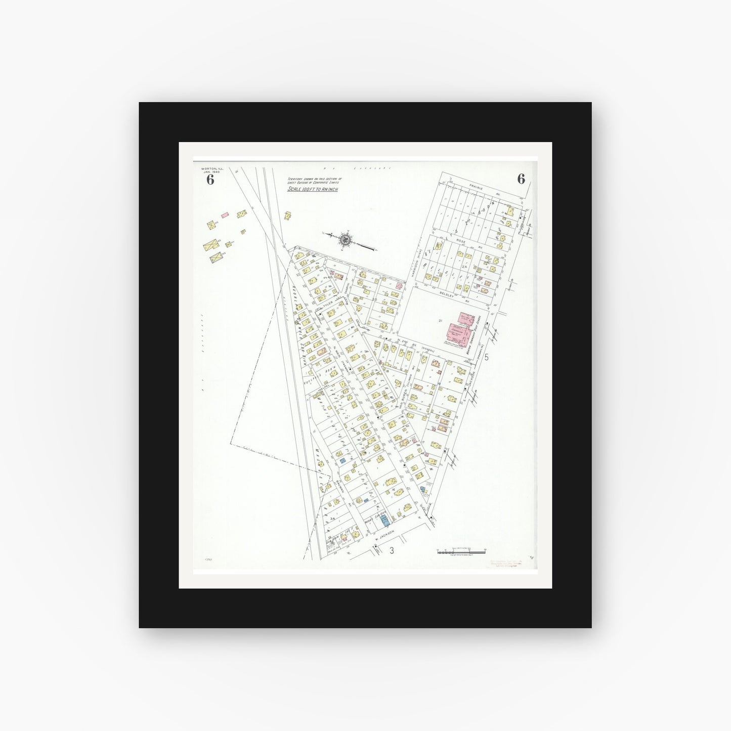 Old map wall art mockup — black gallery frame with white mat — Sanborn Fire Insurance Map from Morton, Tazewell County, Illinois (1940), Sheet #0006