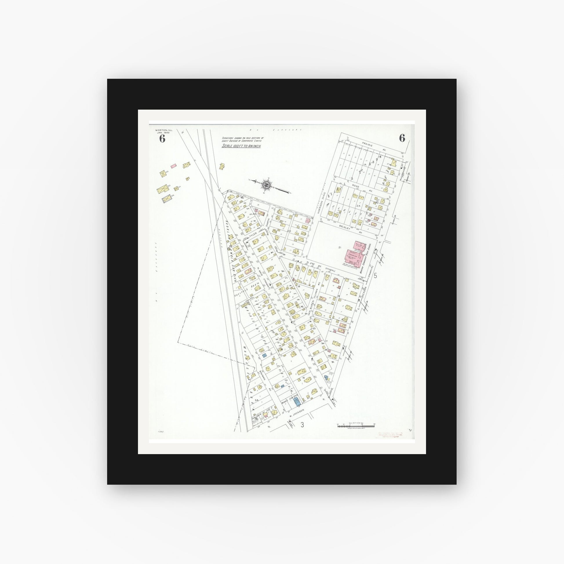 Old map wall art mockup — black gallery frame with white mat — Sanborn Fire Insurance Map from Morton, Tazewell County, Illinois (1940), Sheet #0006