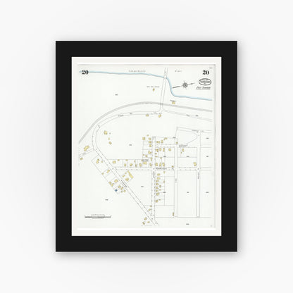Old map wall art mockup — black gallery frame with white mat — Sanborn Fire Insurance Map from Towanda, Bradford County, Pennsylvania (1927), Sheet #0020