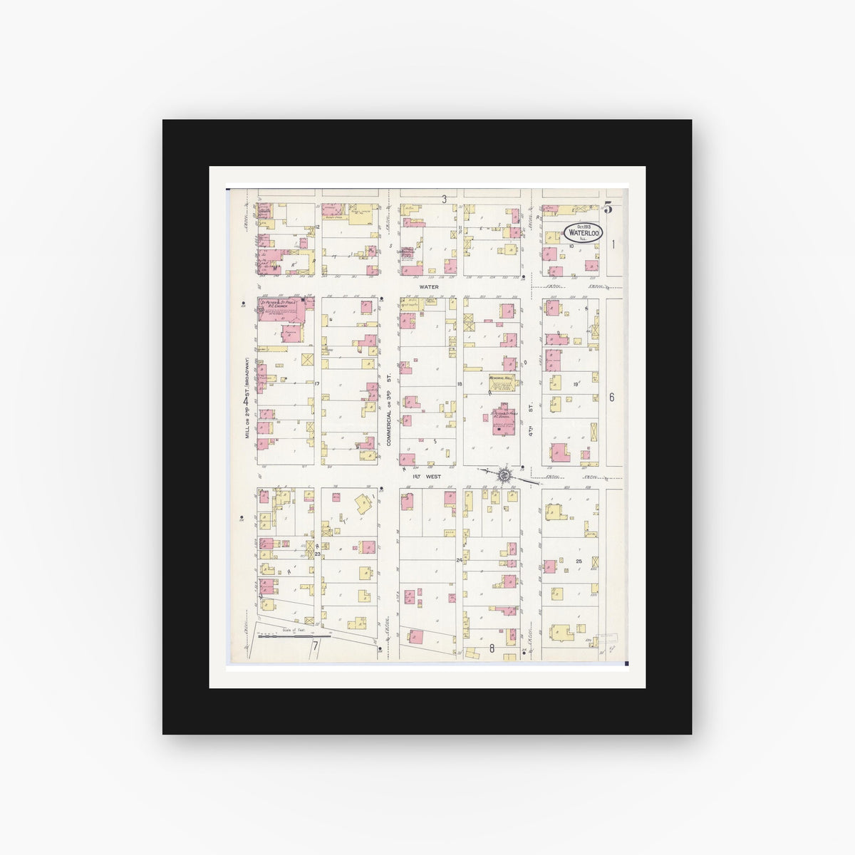 Old map wall art mockup — black gallery frame with white mat — Sanborn Fire Insurance Map from Waterloo, Monroe County, Illinois (1913), Sheet #0005
