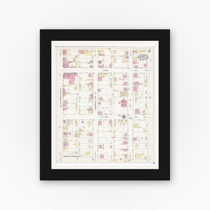Old map wall art mockup — black gallery frame with white mat — Sanborn Fire Insurance Map from Waterloo, Monroe County, Illinois (1913), Sheet #0005