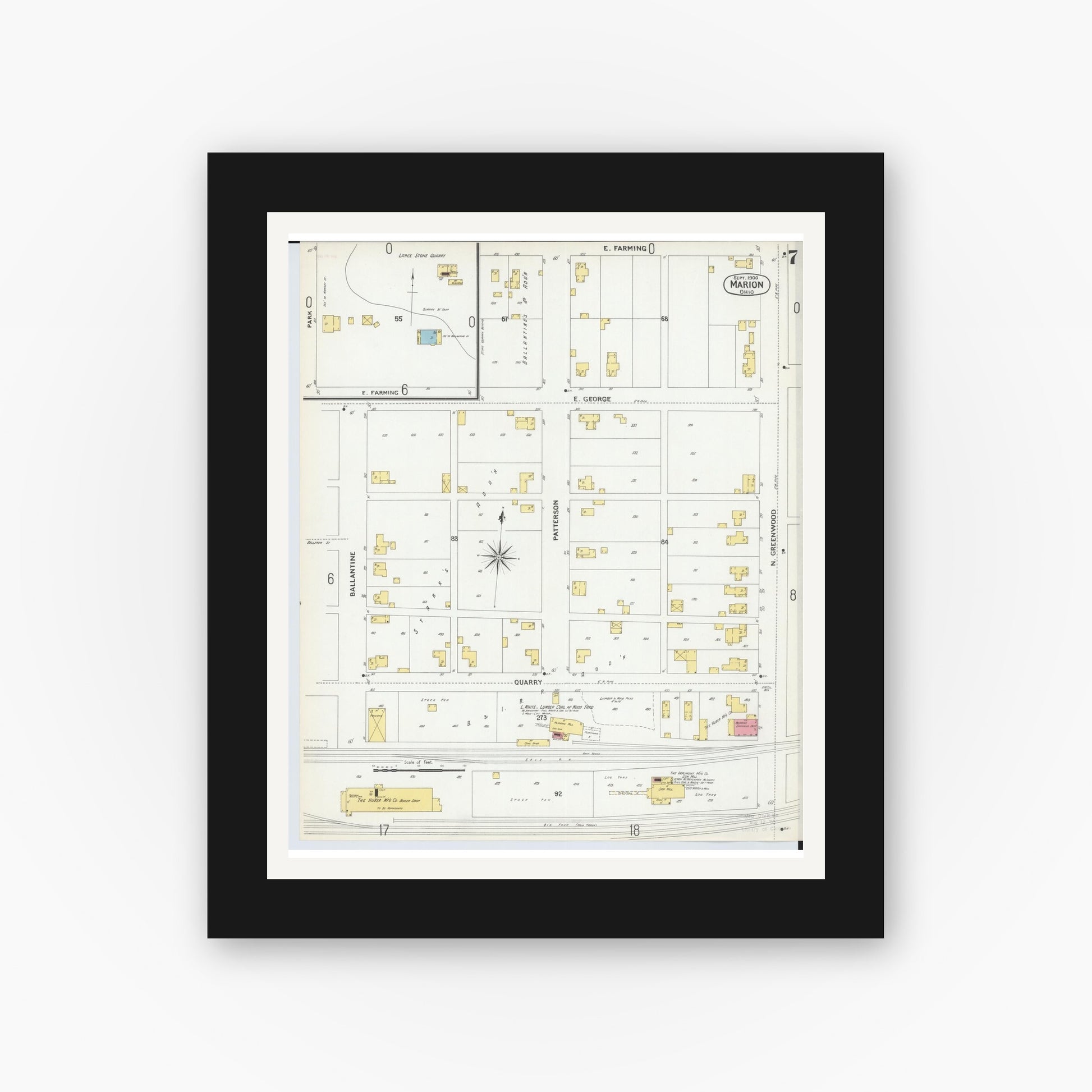 Old map wall art mockup — black gallery frame with white mat — Sanborn Fire Insurance Map from Marion, Marion County, Ohio (1900), Sheet #0007