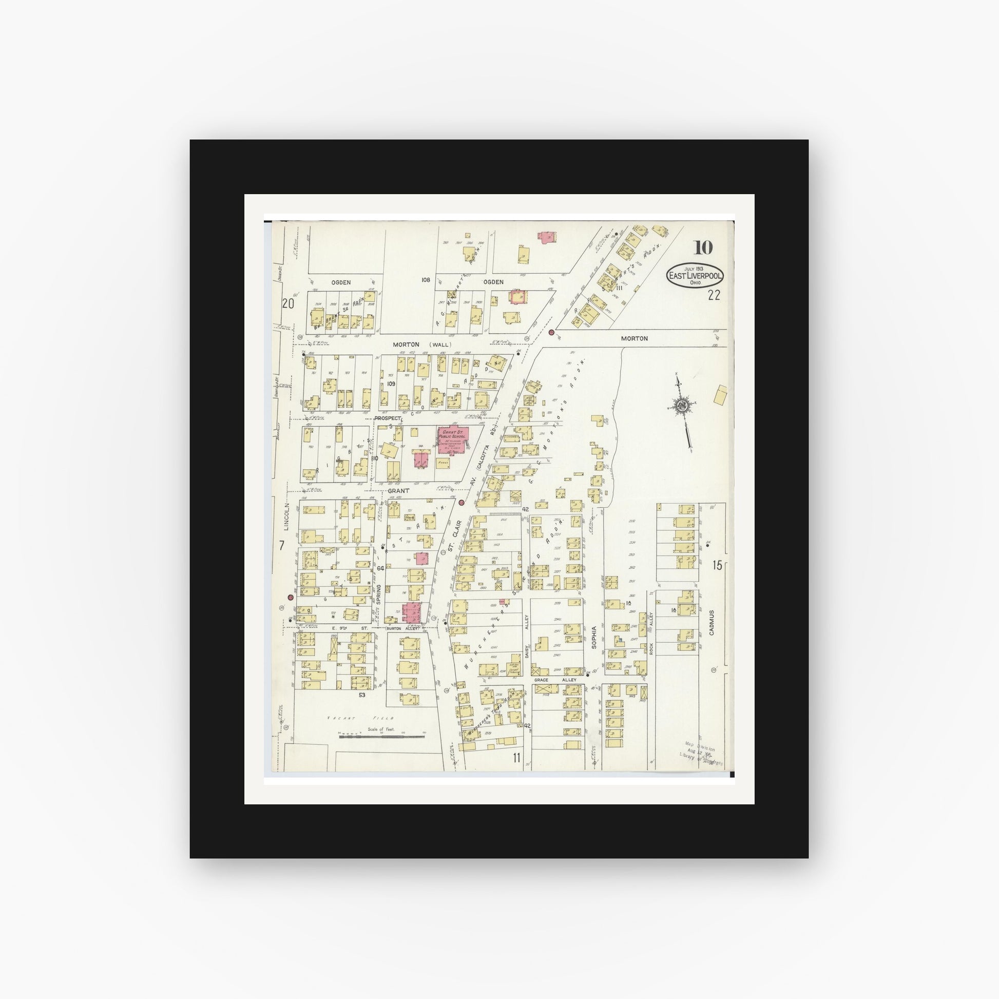 Old map wall art mockup — black gallery frame with white mat — Sanborn Fire Insurance Map from East Liverpool, Columbiana County, Ohio (1913), Sheet #0010