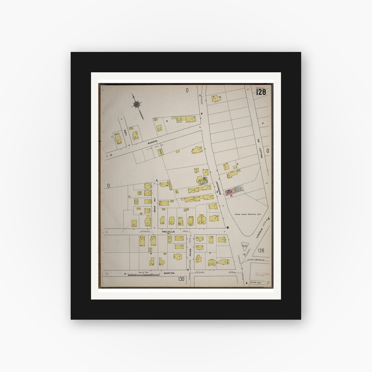 Old map wall art mockup — black gallery frame with white mat — Sanborn Fire Insurance Map from Worcester, Worcester County, Massachusetts (1910), Sheet #0128