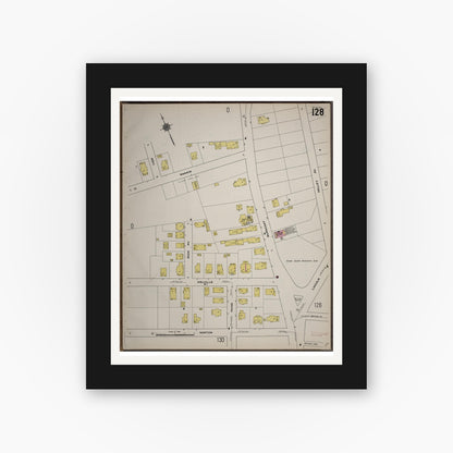 Old map wall art mockup — black gallery frame with white mat — Sanborn Fire Insurance Map from Worcester, Worcester County, Massachusetts (1910), Sheet #0128