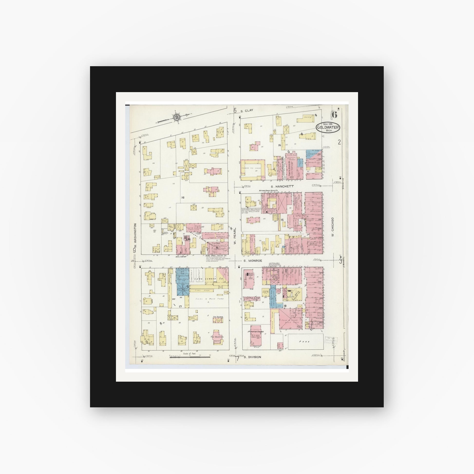 Old map wall art mockup — black gallery frame with white mat — Sanborn Fire Insurance Map from Coldwater, Branch County, Michigan (1914), Sheet #0006