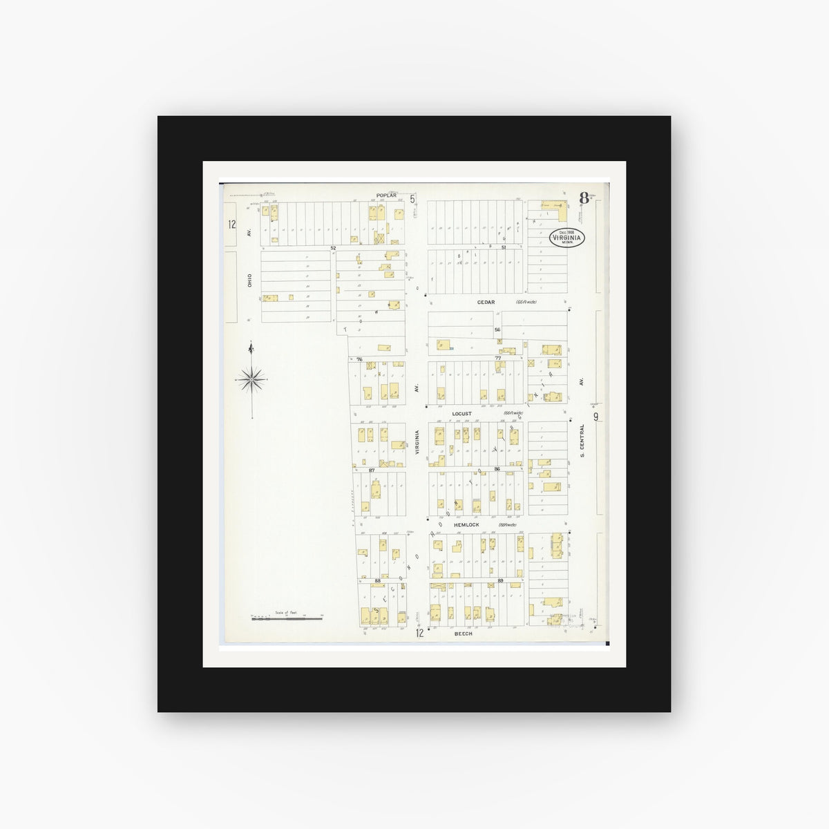 Old map wall art mockup — black gallery frame with white mat — Sanborn Fire Insurance Map from Virginia, Saint Louis County, Minnesota (1908), Sheet #0008
