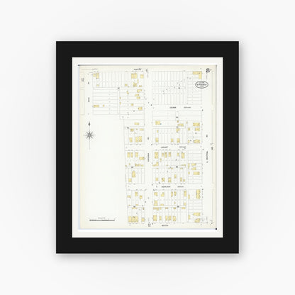 Old map wall art mockup — black gallery frame with white mat — Sanborn Fire Insurance Map from Virginia, Saint Louis County, Minnesota (1908), Sheet #0008