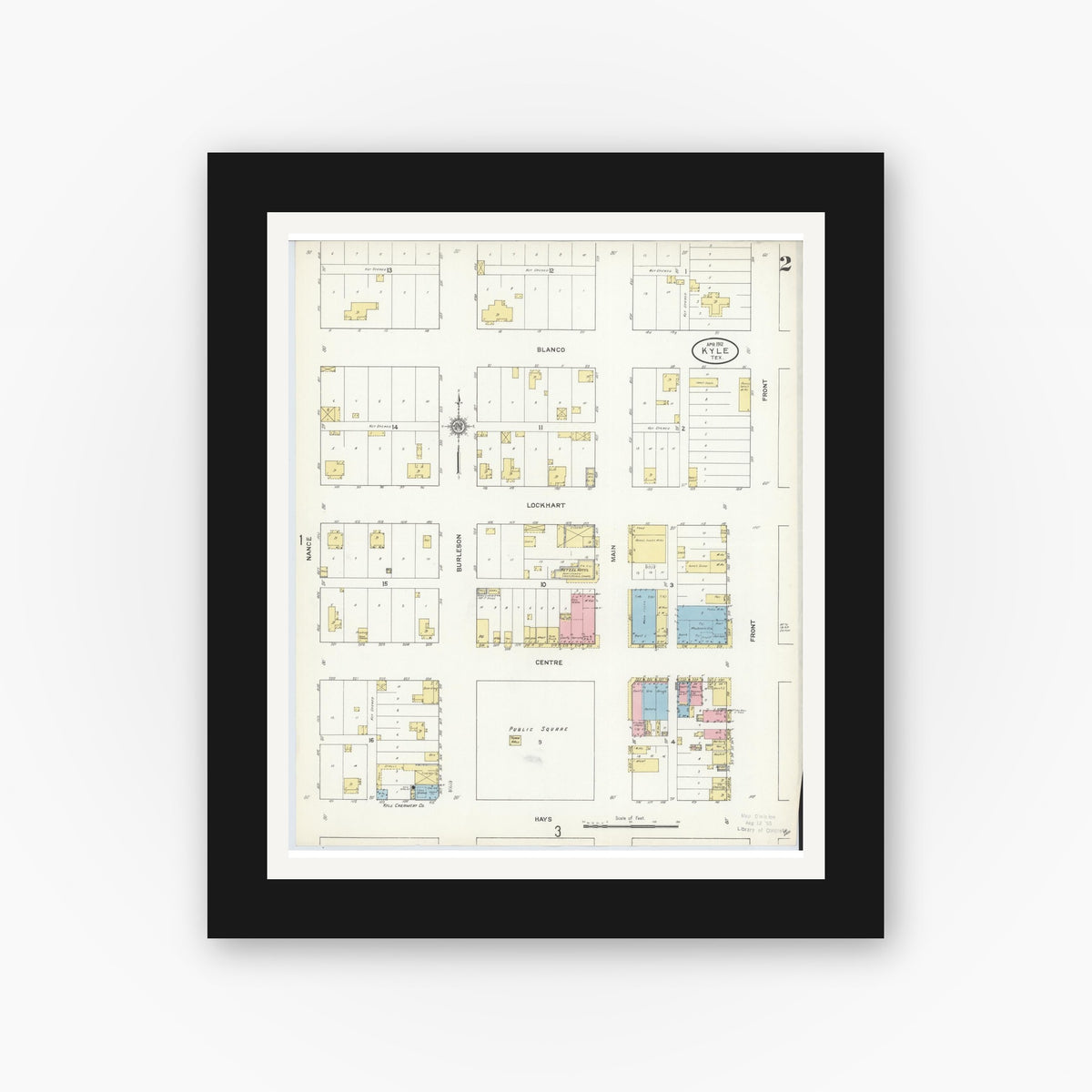 Old map wall art mockup — black gallery frame with white mat — Sanborn Fire Insurance Map from Kyle, Hays County, Texas (1912), Sheet #0002
