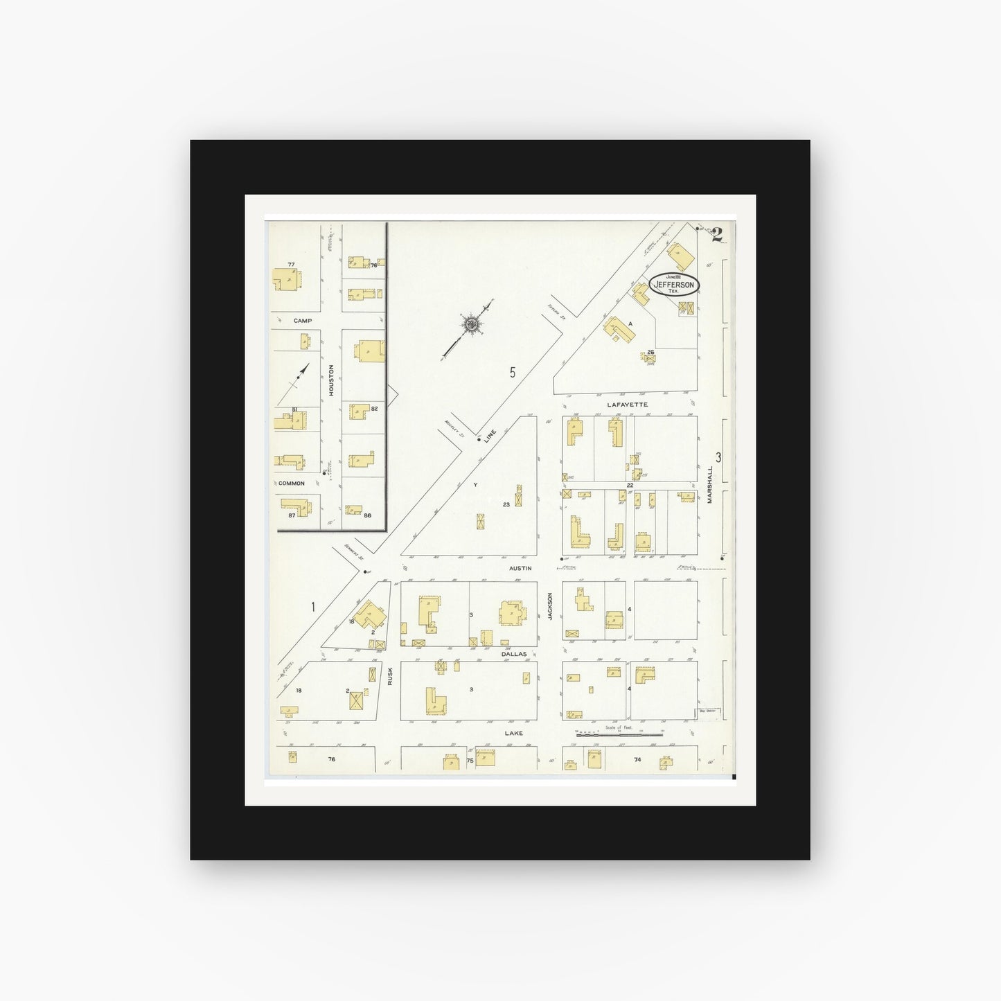 Old map wall art mockup — black gallery frame with white mat — Sanborn Fire Insurance Map from Jefferson, Marion County, Texas (1911), Sheet #0002