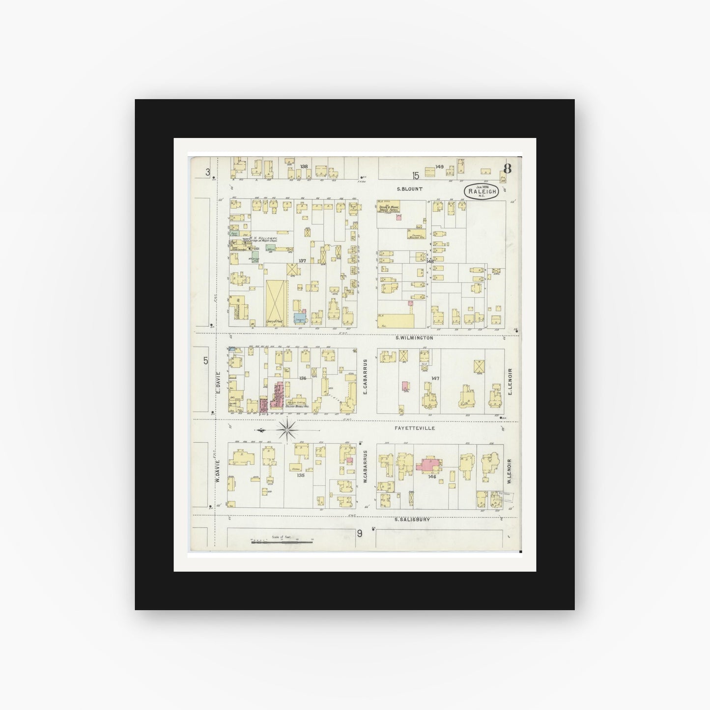 Old map wall art mockup — black gallery frame with white mat — Sanborn Fire Insurance Map from Raleigh, Wake County, North Carolina (1896), Sheet #0008