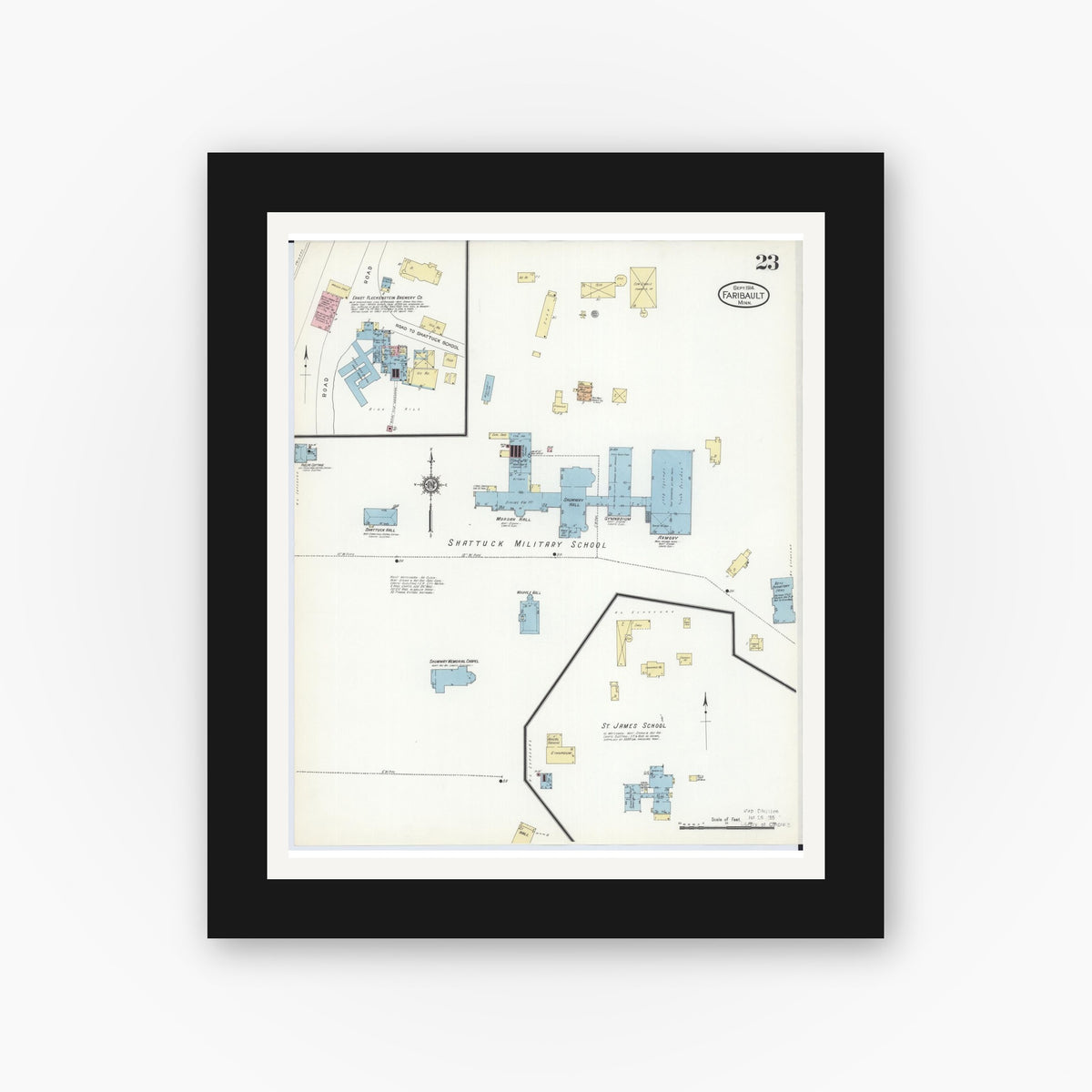 Old map wall art mockup — black gallery frame with white mat — Sanborn Fire Insurance Map from Faribault, Rice County, Minnesota (1914), Sheet #0023