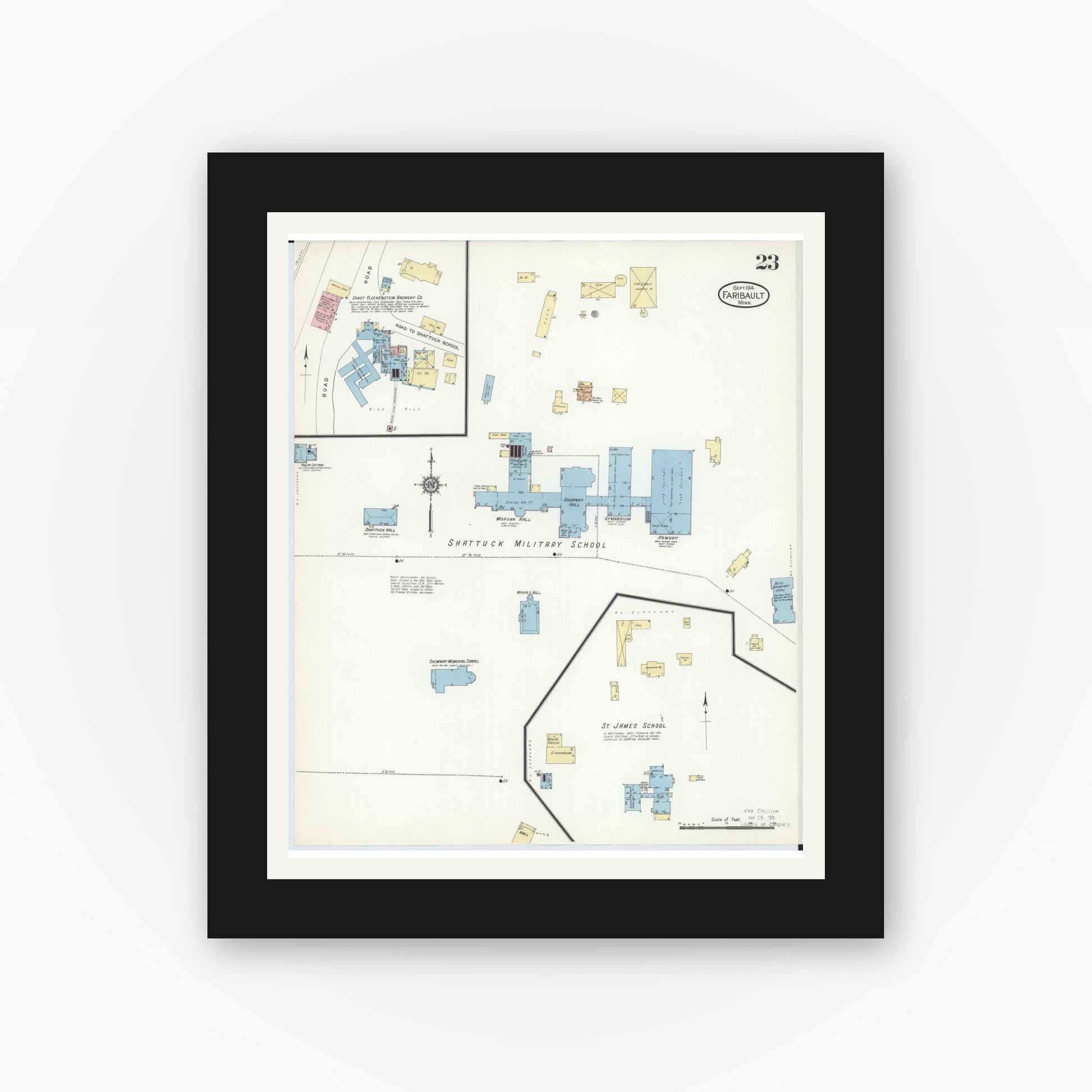 Old map wall art mockup — black gallery frame with white mat — Sanborn Fire Insurance Map from Faribault, Rice County, Minnesota (1914), Sheet #0023