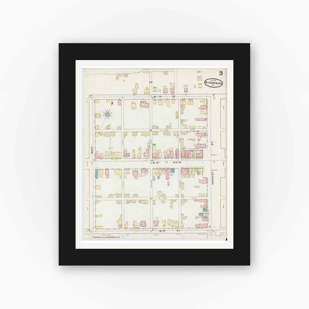 Old map wall art mockup — black gallery frame with white mat — Sanborn Fire Insurance Map from Bloomsburg, Columbia County, Pennsylvania (1891), Sheet #0003