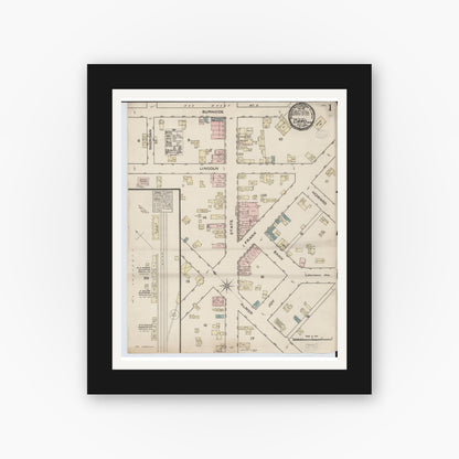 Old map wall art mockup — black gallery frame with white mat — Sanborn Fire Insurance Map from Caro, Tuscola County, Michigan (1884) - Complete Map Set