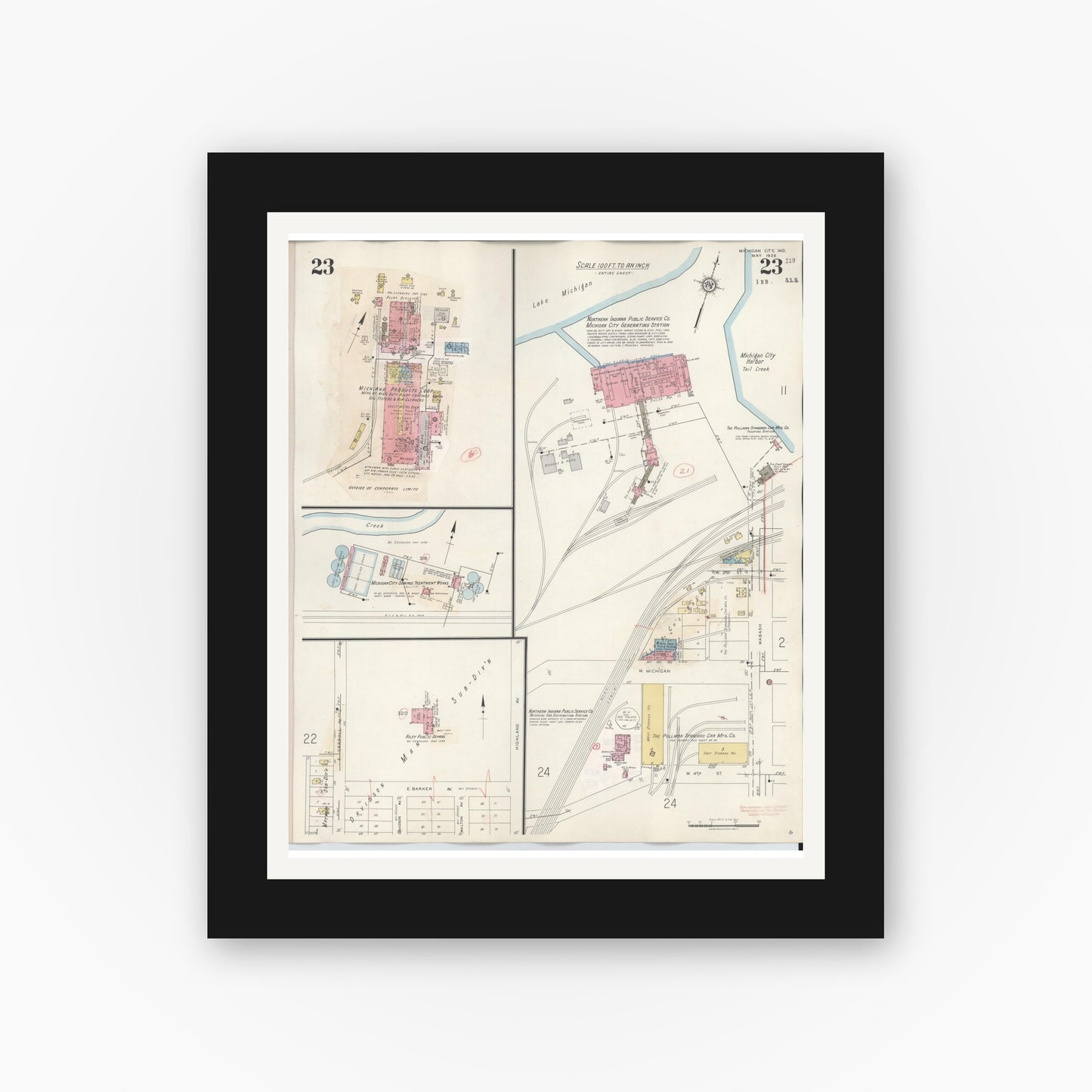 Old map wall art mockup — black gallery frame with white mat — Sanborn Fire Insurance Map from Michigan City, La Porte County, Indiana (1948), Sheet #0023