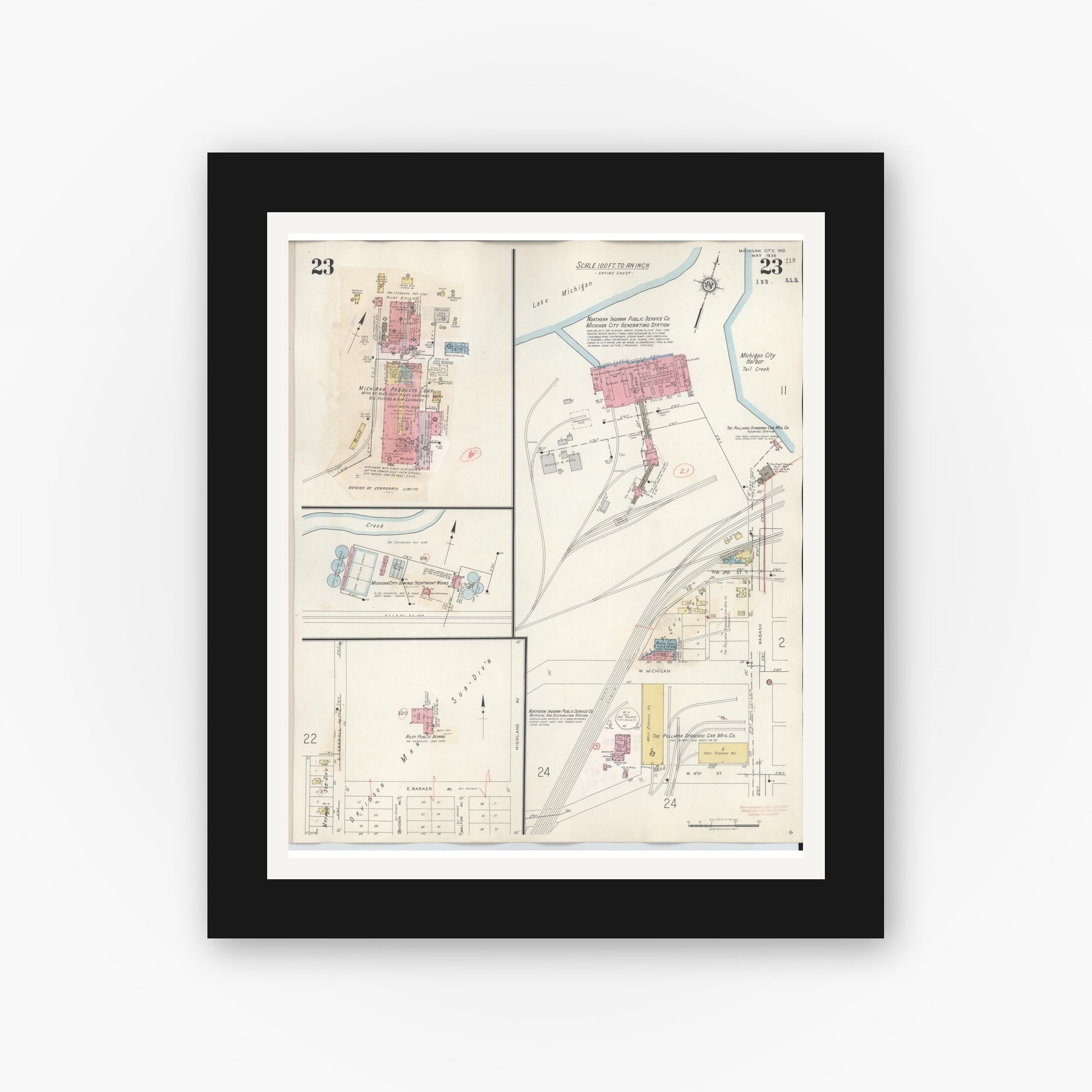 Old map wall art mockup — black gallery frame with white mat — Sanborn Fire Insurance Map from Michigan City, La Porte County, Indiana (1948), Sheet #0023