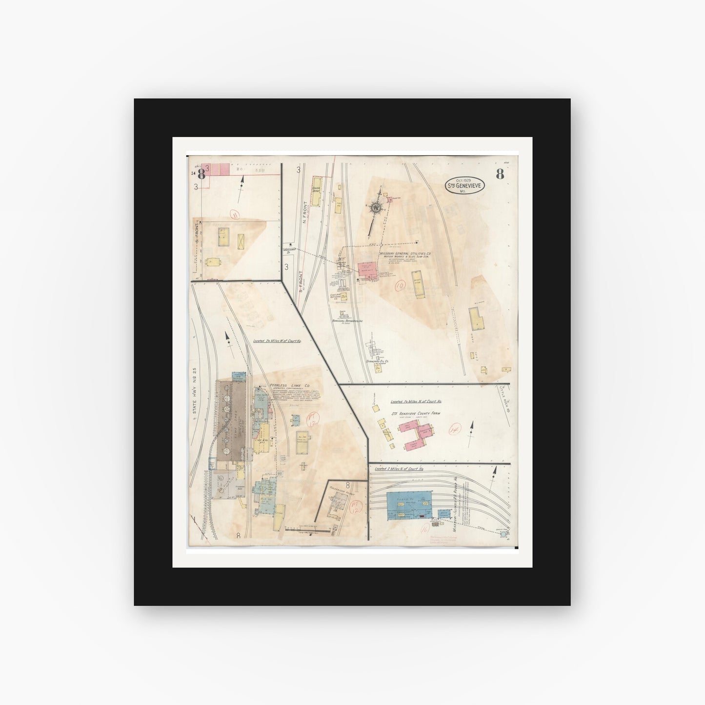 Old map wall art mockup — black gallery frame with white mat — Sanborn Fire Insurance Map from Sainte Genevieve, Saint Genevieve County, Missouri (1945), Sheet #0008