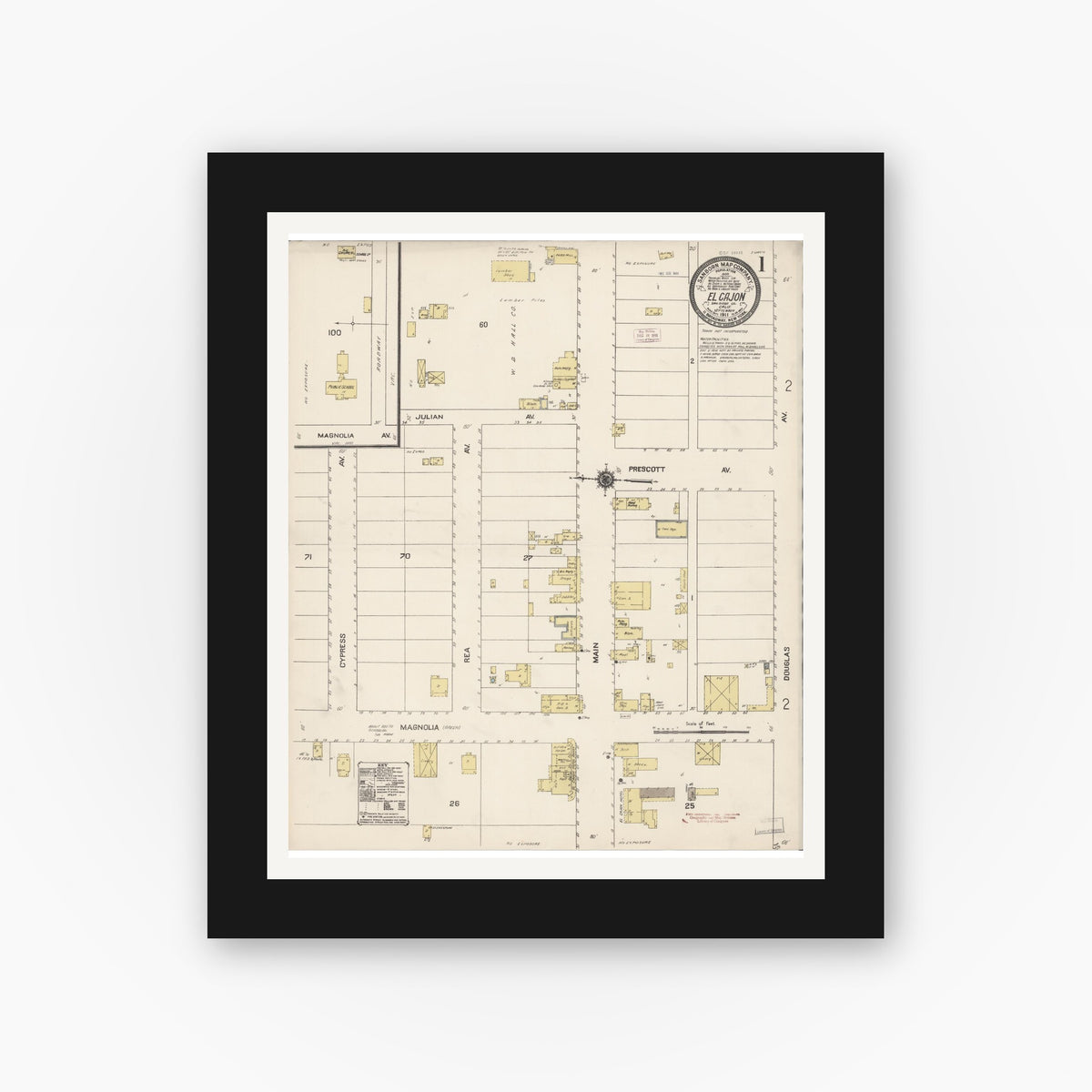 Old map wall art mockup — black gallery frame with white mat — Sanborn Fire Insurance Map from El Cajon, San Diego County, California (1911) - Complete Map Set