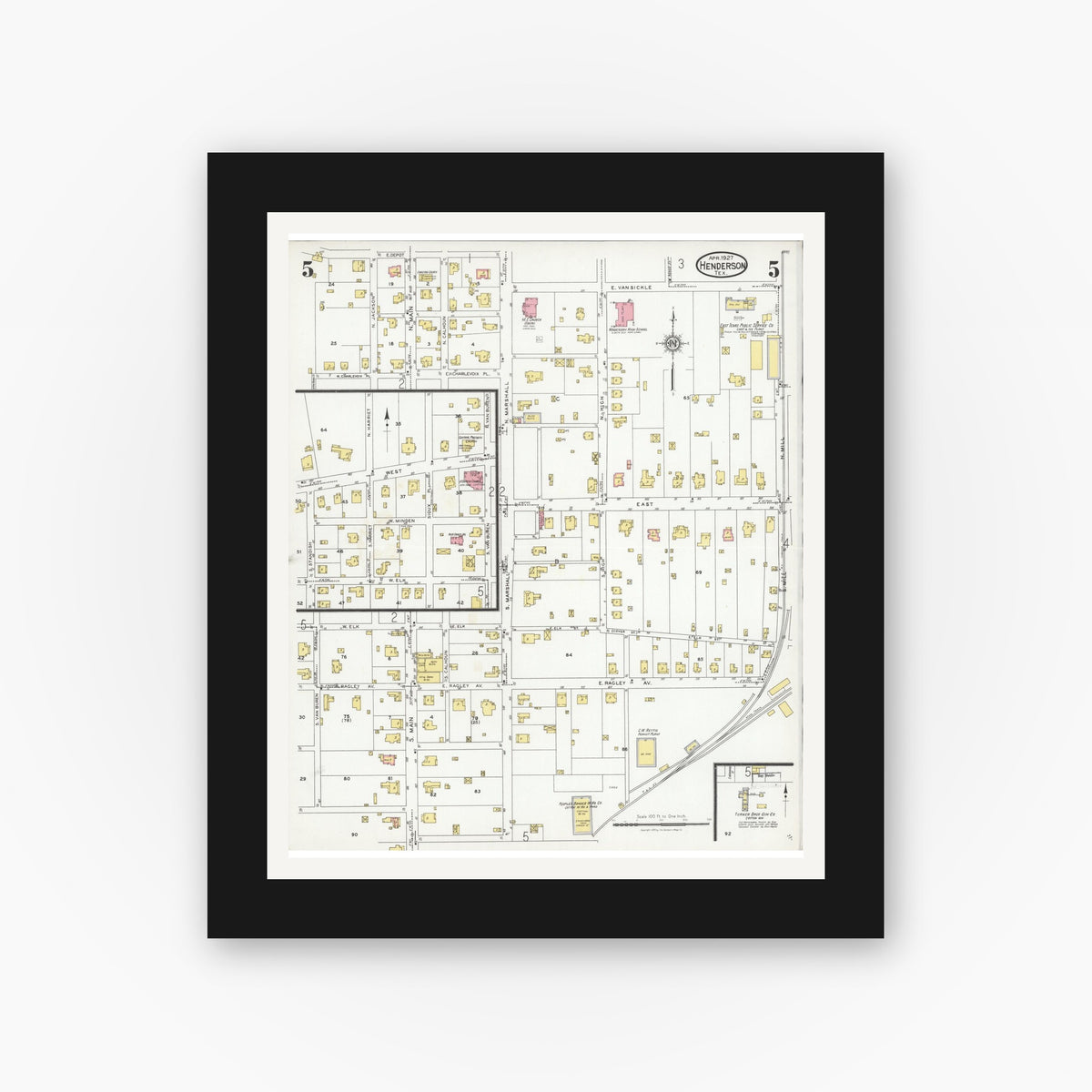 Old map wall art mockup — black gallery frame with white mat — Sanborn Fire Insurance Map from Henderson, Rusk County, Texas (1927), Sheet #0005