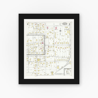 Old map wall art mockup — black gallery frame with white mat — Sanborn Fire Insurance Map from Henderson, Rusk County, Texas (1927), Sheet #0005