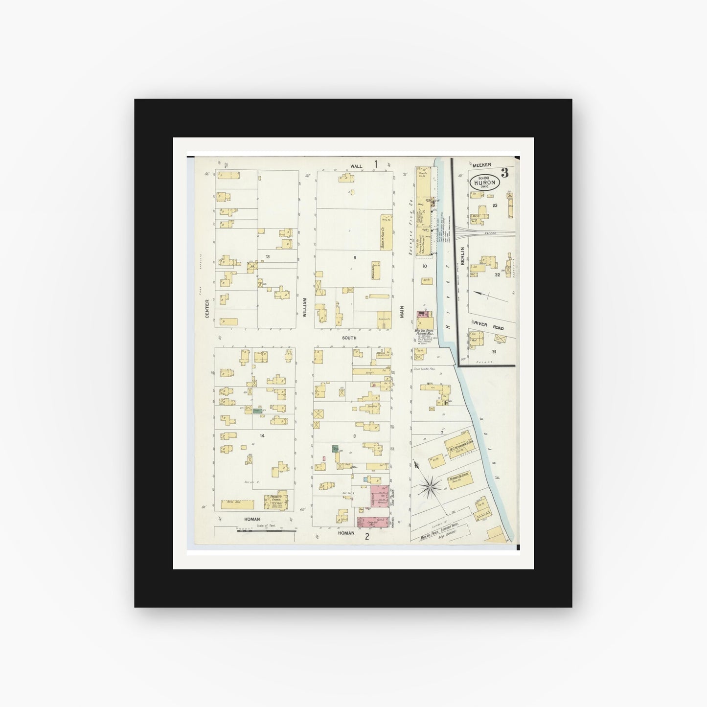 Old map wall art mockup — black gallery frame with white mat — Sanborn Fire Insurance Map from Huron, Erie County, Ohio (1901), Sheet #0003