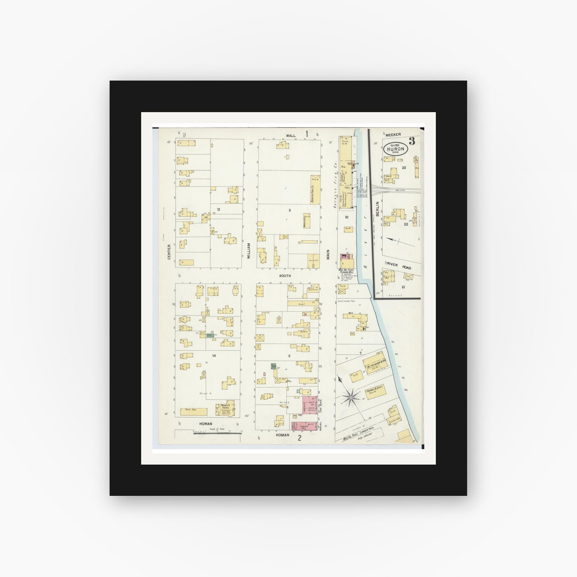 Old map wall art mockup — black gallery frame with white mat — Sanborn Fire Insurance Map from Huron, Erie County, Ohio (1901), Sheet #0003