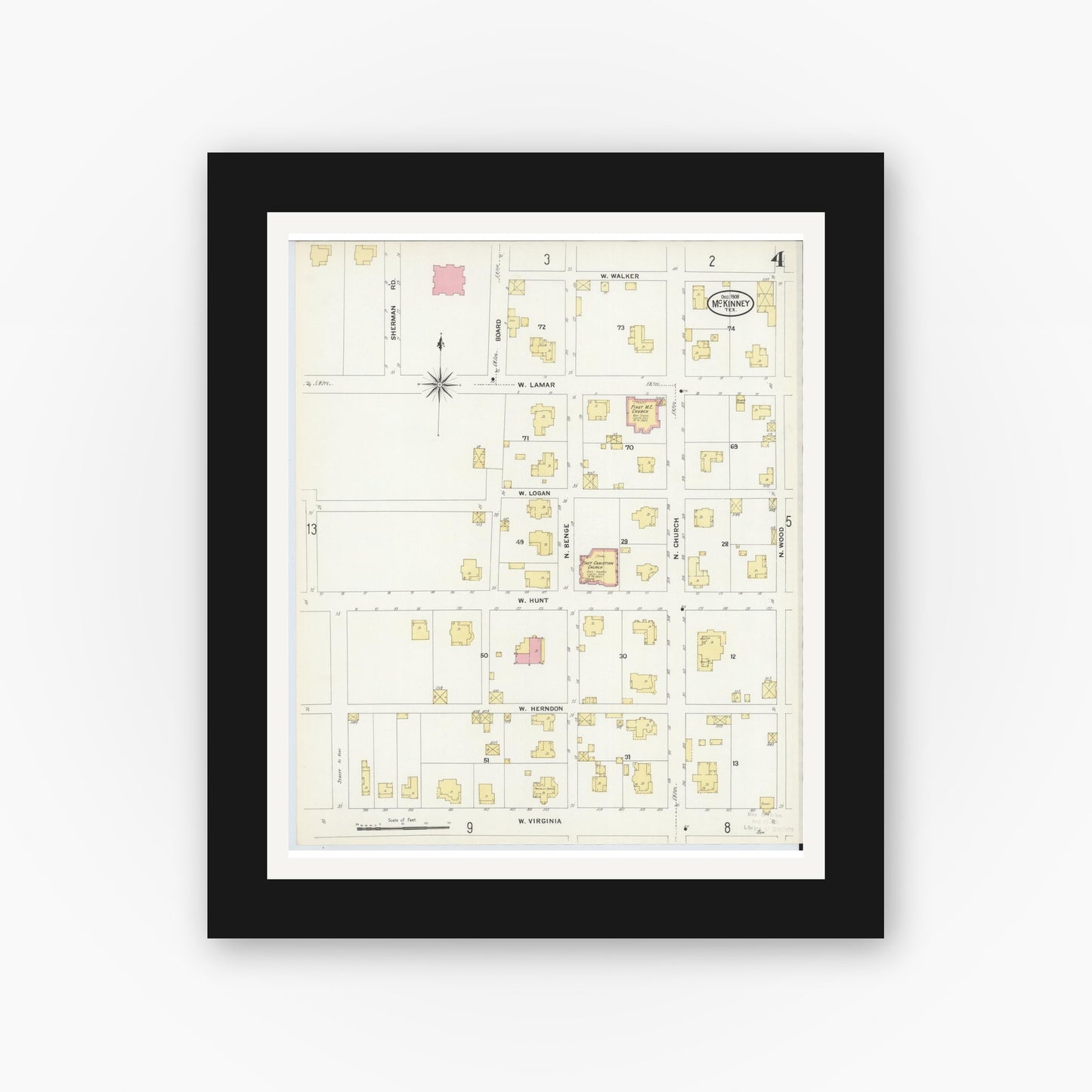 Old map wall art mockup — black gallery frame with white mat — Sanborn Fire Insurance Map from McKinney, Collin County, Texas (1908), Sheet #0004