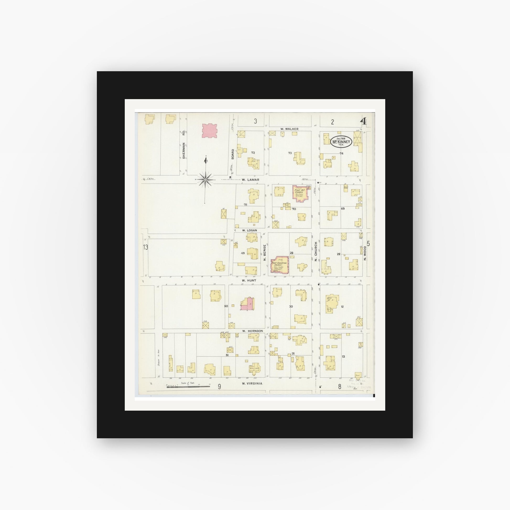 Old map wall art mockup — black gallery frame with white mat — Sanborn Fire Insurance Map from McKinney, Collin County, Texas (1908), Sheet #0004