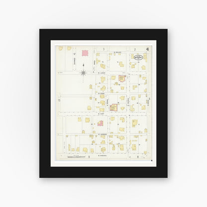 Old map wall art mockup — black gallery frame with white mat — Sanborn Fire Insurance Map from McKinney, Collin County, Texas (1908), Sheet #0004
