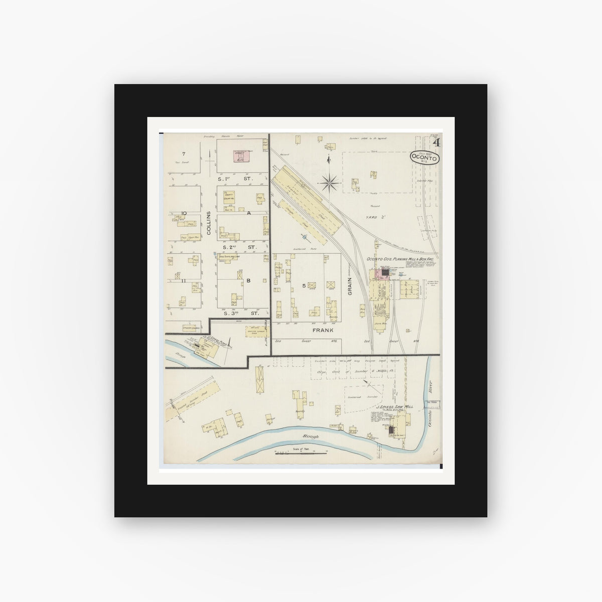 Old map wall art mockup — black gallery frame with white mat — Sanborn Fire Insurance Map from Oconto, Oconto County, Wisconsin (1887), Sheet #0004