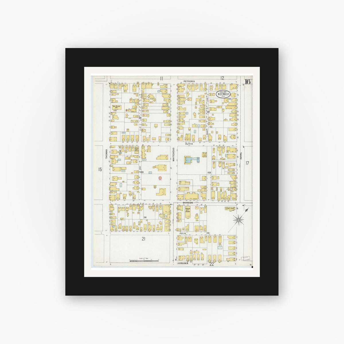 Old map wall art mockup — black gallery frame with white mat — Sanborn Fire Insurance Map from Key West, Monroe County, Florida (1899), Sheet #0016