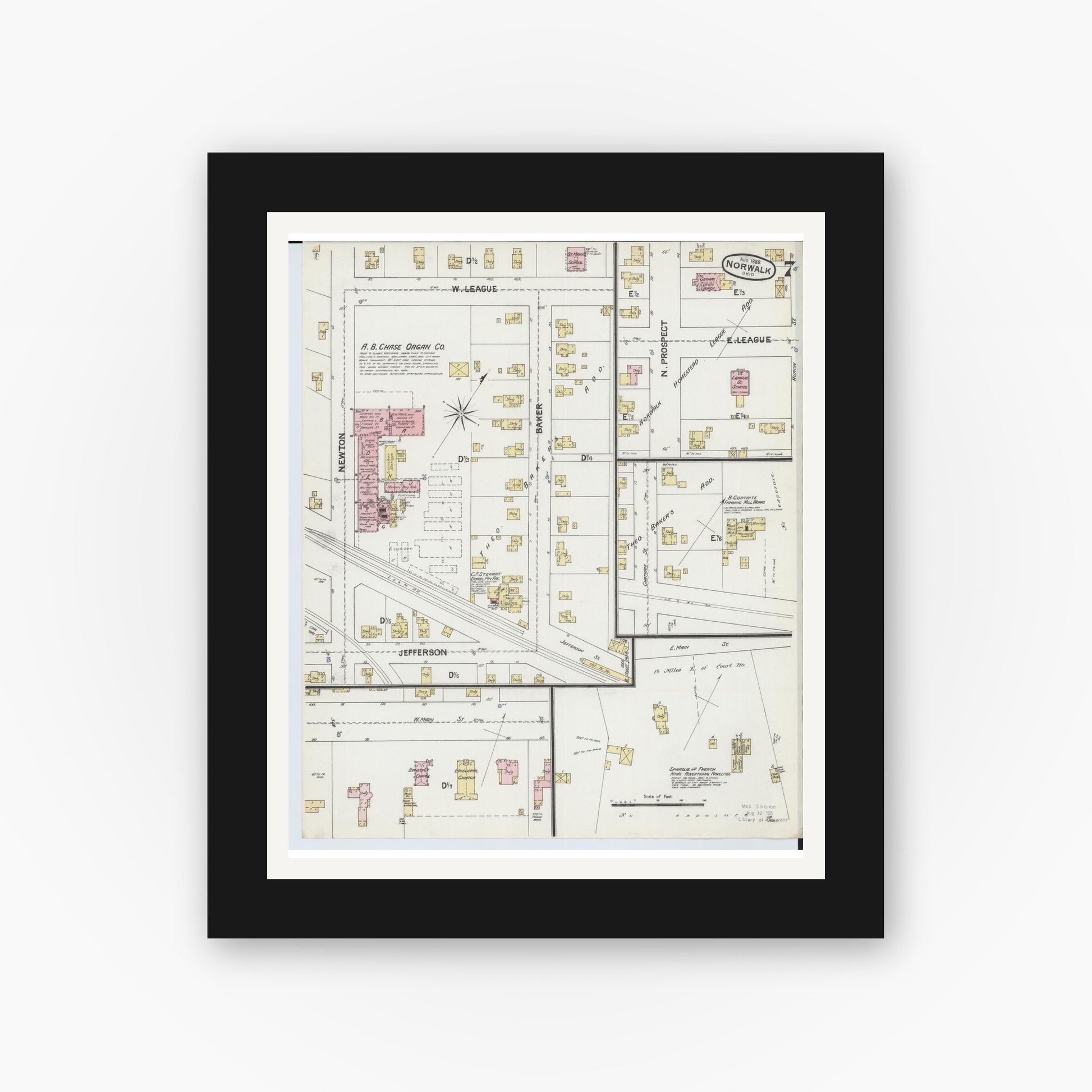 Old map wall art mockup — black gallery frame with white mat — Sanborn Fire Insurance Map from Norwalk, Huron County, Ohio (1888), Sheet #0007