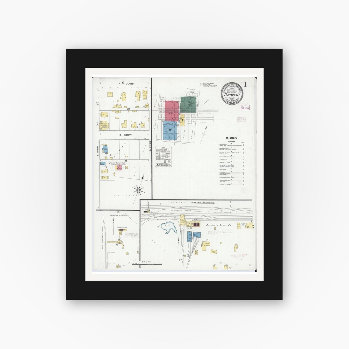 Old map wall art mockup — black gallery frame with white mat — Sanborn Fire Insurance Map from Fairmount, Vermilion County, Illinois (1909), Sheet #0001