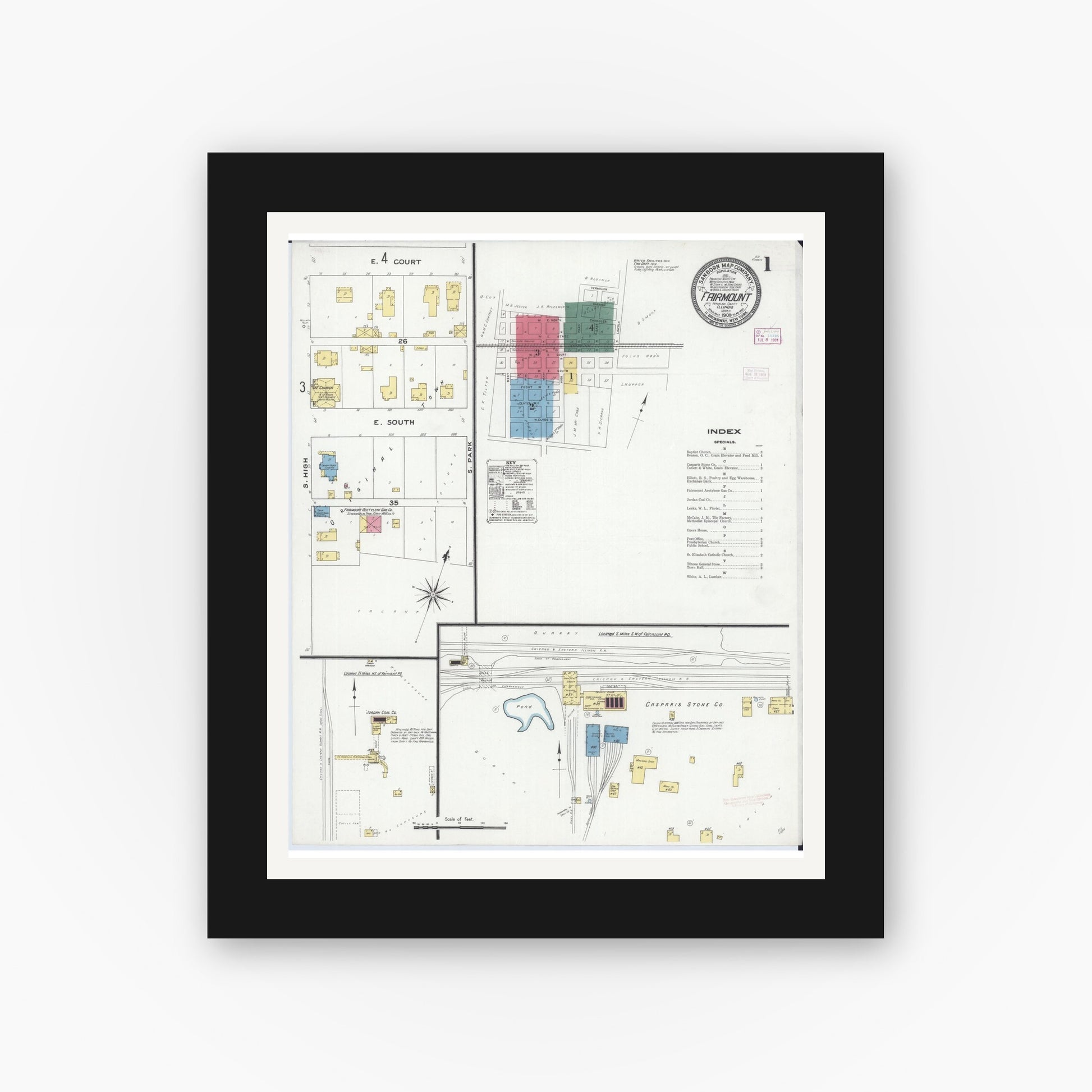 Old map wall art mockup — black gallery frame with white mat — Sanborn Fire Insurance Map from Fairmount, Vermilion County, Illinois (1909), Sheet #0001