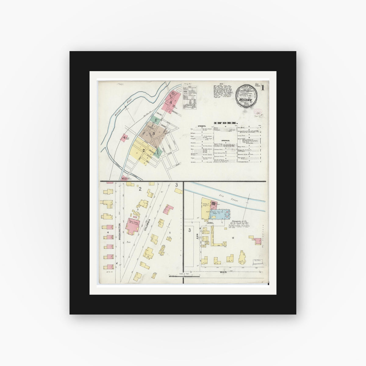 Old map wall art mockup — black gallery frame with white mat — Sanborn Fire Insurance Map from Mohawk, Herkimer County, New York (1897) - Complete Map Set