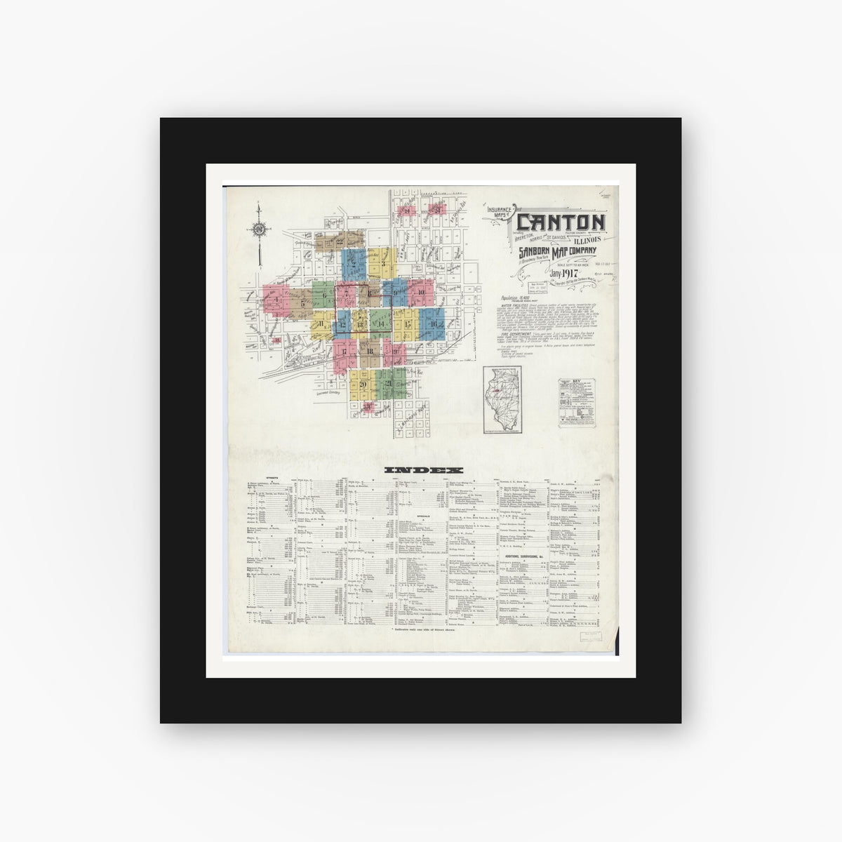 Old map wall art mockup — black gallery frame with white mat — Sanborn Fire Insurance Map from Canton, Fulton County, Illinois (1917) - Complete Map Set