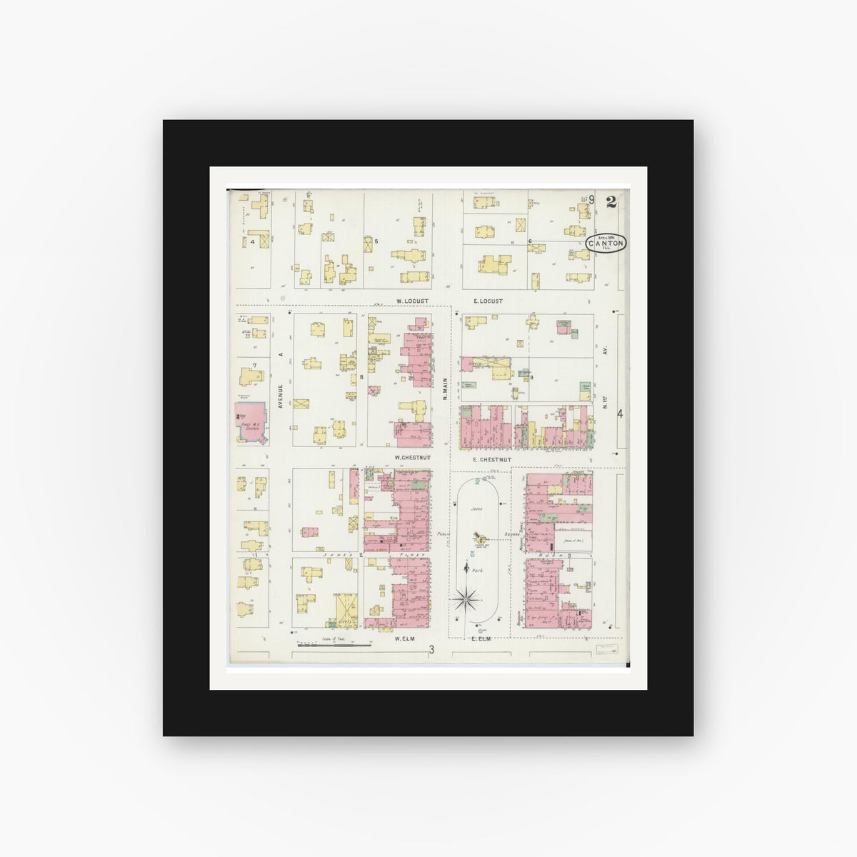 Old map wall art mockup — black gallery frame with white mat — Sanborn Fire Insurance Map from Canton, Fulton County, Illinois (1896), Sheet #0002